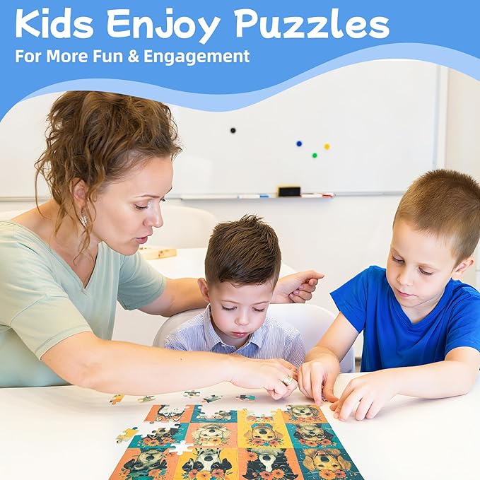 100-Piece Cute Dog Puzzle for Kids Ages 4-6 6-8 8-10, Adorable Cartoon Puppies with Flower Crowns, Hats & Glasses โ Educational Jigsaw Puzzle Toys for Girls & Boys Gift
