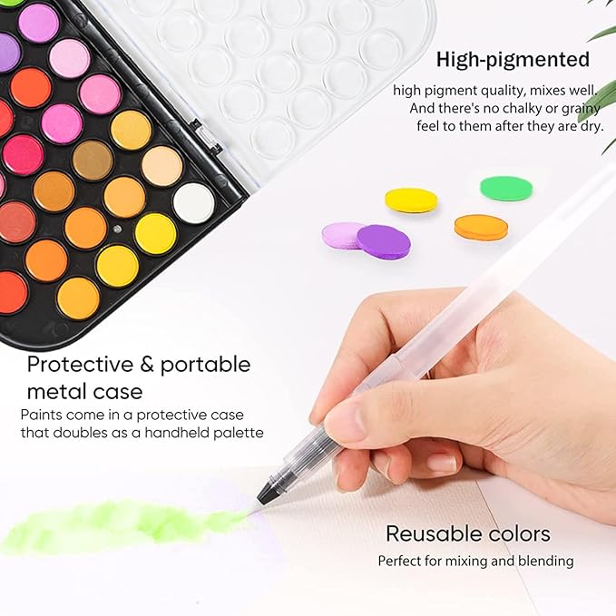 Watercolor Paint,48 Colors Washable Watercolor Paint Set With Brush, Refillable Water Brush Pen, Palette, and Water-Washable Paints for Kids, Adults and Artists.