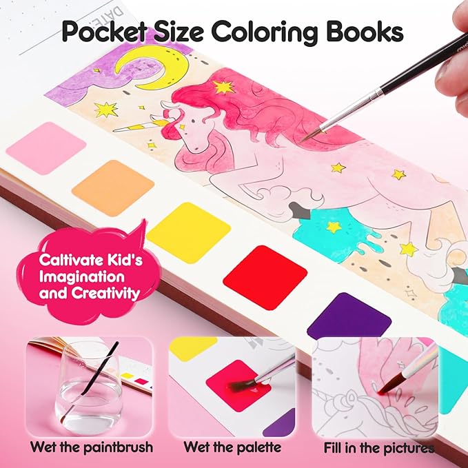 Watercolor Painting Coloring Books Pocket Watercolor Paint Bookmarks, Mess Free Paint with Water Set, Travel Class Activities Art Party Favors Exchange Birthday Gifts for Kids