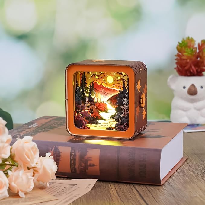 3D Puzzle Nightlight-DIY LED Light Wooden Puzzle-Art Lamp and Craft Kits for Adults-Birthday Gifts Toys-Home Desk Decor Family Game (Autumn Forest)