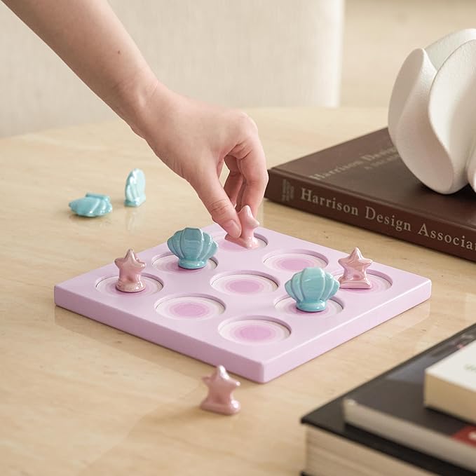 WDS WONDROUS Tic Tac Toe Game, Pink Coffee Table Centerpiece Decoration, Summer Beach Themed Wood Board Game with Ceramic Shell & Starfish, Coastal Girl's Room Decor, Fun&Cute Gifts for All-7.9 Inch
