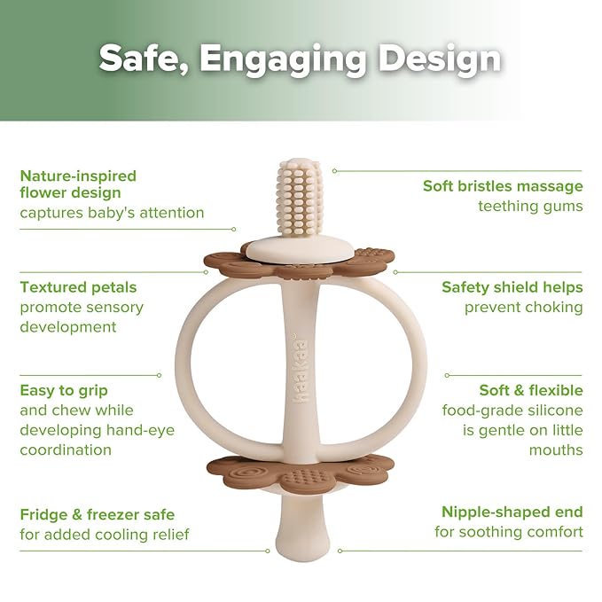 haakaa Silicone Baby Teether Toys,Nipple-Shaped End for Gum Massage,360Β° Baby Toothbrush Head for Self-Brushing Training,Easy to Grip-Cocoa