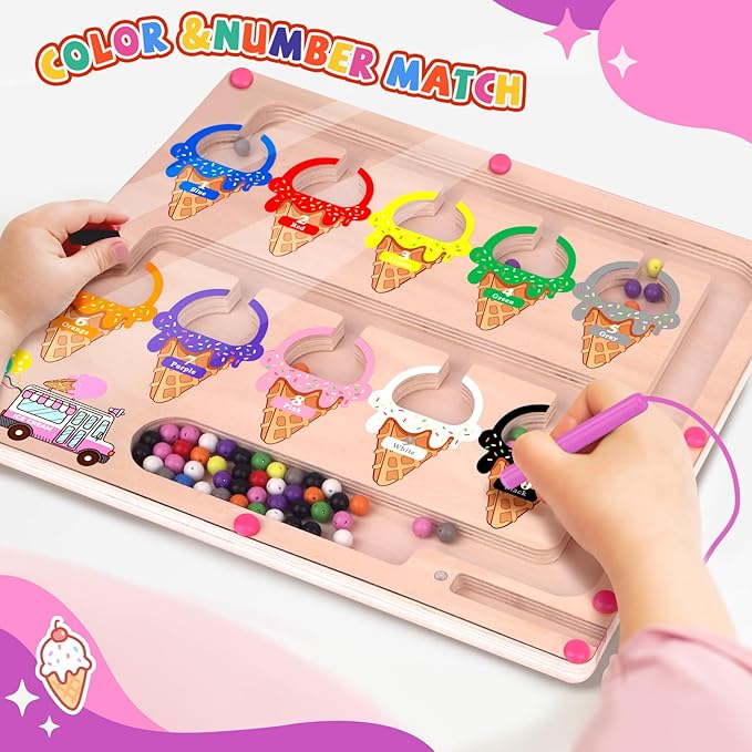 Magnetic Color and Number Maze,Montessori Toy for 2-5 Years Old Girls,Wooden Magnet Balls Puzzles,Toddler Busy Board Game,Preschool Learning Activities,Christmas & Birthday Gift for Kids