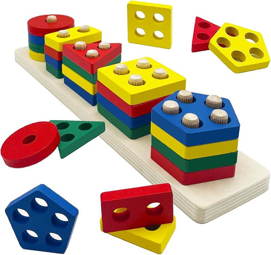 Wooden Sorting & Stacking Toys, Montessori Toys for 3 4 5 Years Old Toddlers, Color Recognition Stacker Shape Sorter Puzzles, Gift for Baby Boys Girls…