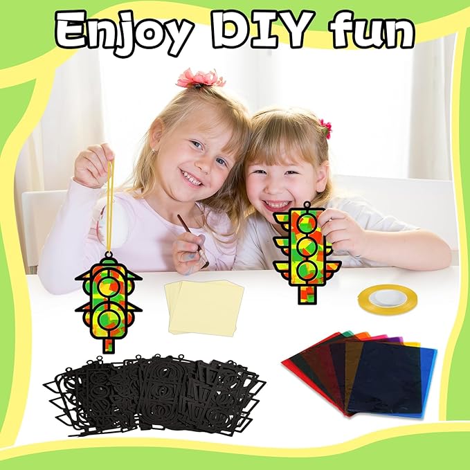 QOUBAI 32 Sets Traffic Light Suncatchers Craft Kit DIY Window Stained Glass Effect Traffic Lamp Paper Crafts Home School Classroom Decoration Kid Birthday Gift Creative Art Project Activity Game