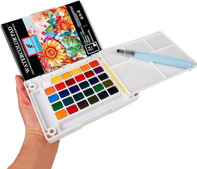Watercolor Painting Set, Travel Paint Set Graspable Paint Set Portable Watercolor Sketching Kit with Water Pen,24 Sheets Watercolor Papers,3 Tutorial Video-30colors
