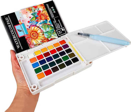 Watercolor Painting Set, Travel Paint Set Graspable Paint Set Portable Watercolor Sketching Kit with Water Pen,24 Sheets Watercolor Papers,3 Tutorial Video-30colors