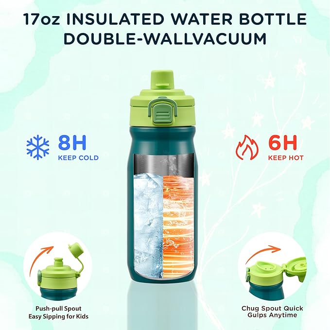 Bento Lunch Box for Kids With 8oz Thermo, Leakproof Bento Box with with 2 Compartments, Insulated Bottle, Lunch Bag, BPA Free Dishwasher Safe for School Girls Boys (Green)