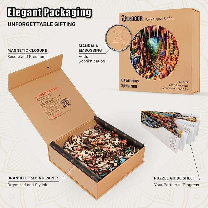 LEOGOR Wooden Jigsaw Puzzles for Adults 500 Pieces (18x17.9 in), Large High End Round 3D Vision Cave Puzzle with Mosaic Shapes, Thick 5mm Wood, Difficult Brain Teaser, Premium Puzzle Gifts for Adults