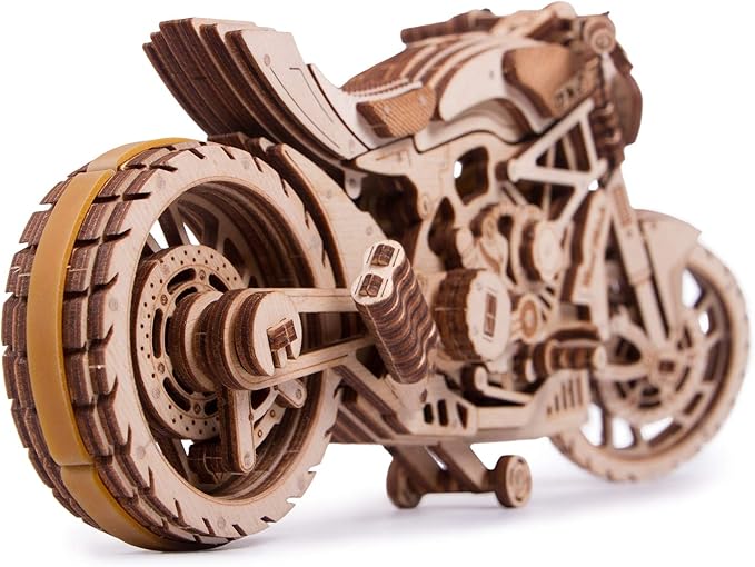 Wood Trick Motorcycle w/Rubber Band Motor Rides up to 16ft - Mechanical Model Kits for Adults - 10x4in - 3D Wooden Puzzles for Adults - Engineering DIY 3D Puzzle Wooden Models