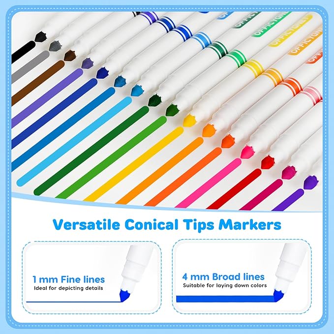 Officygnet 192 Count Washable Markers Bulk, 16 Assorted Colors, Conical Tip with Fine & Broad Line Coloring Marker for Kids, Markers Bulk for Classroom, School Art Supplies, Back to School Essentials