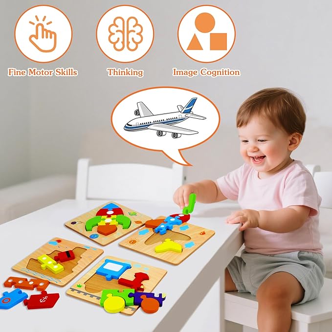Wooden Puzzles Toys for Ages 2-4, Toddler Puzzles Toys Gifts for 1 2 3 Years Old Boys Girls, 6 Pack Vehicle Shape Montessori Learning Toy for Kids Babies Toddlers 1-3 2-3 12 18 Months