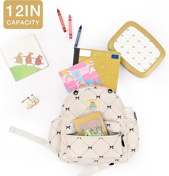 STEAMEDBUN Corduroy Toddler Backpack for Girls 2-4: Kids backpack for Boys Girls - 12 inch Preschool Kindergarten Backpacks - Bow