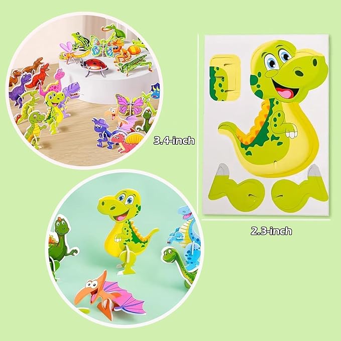 100PCS Educational 3D Cartoon Puzzle for Kids - Insects, Dinosaurs, Animals, Vehicles Themed 3D DIY Cardboards for Boys & Girls Gift Party Supplies