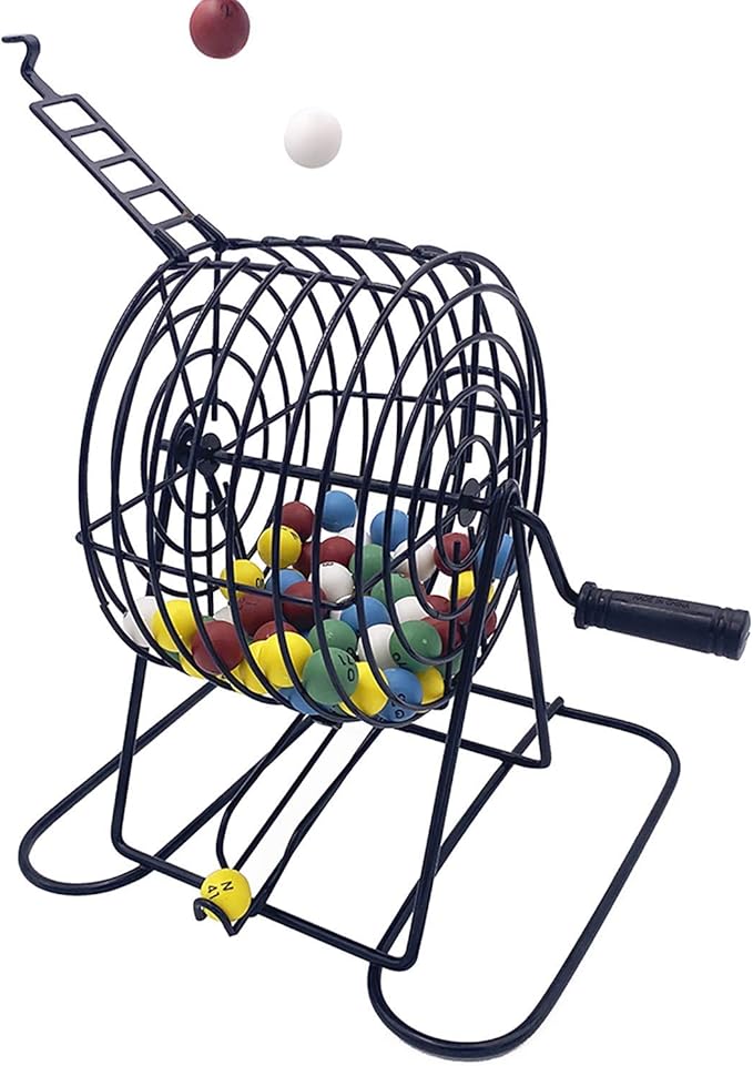 Deluxe Bingo Game Set-Includes Bingo Cage,600 Colorful Bingo Chips with a Bag,100 Mixed Bingo Cards,75 Calling Balls with a Bag,Plastic Master Board-Ideal for Large Groups, Parties