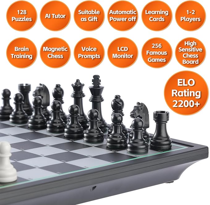 Advanced Electronic Chess Board, Smart Computer Chess Set, AI Voice Coach Learning for Kids, ELO 2200+ for Improving Players, Magnetic Large Pieces & Board Perfect for Adults, LCD Display(Black)