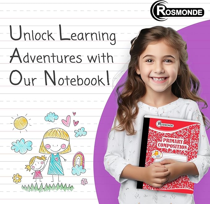 Composition Notebooks Primary Ruled 12 Pack, 200 Pages (100 Sheets), Color Marble Composition Notebook, 9-3/4" x 7-1/2", Grades K-2, Writing Journal for Kids, Dotted Lined, Colors May Repeat