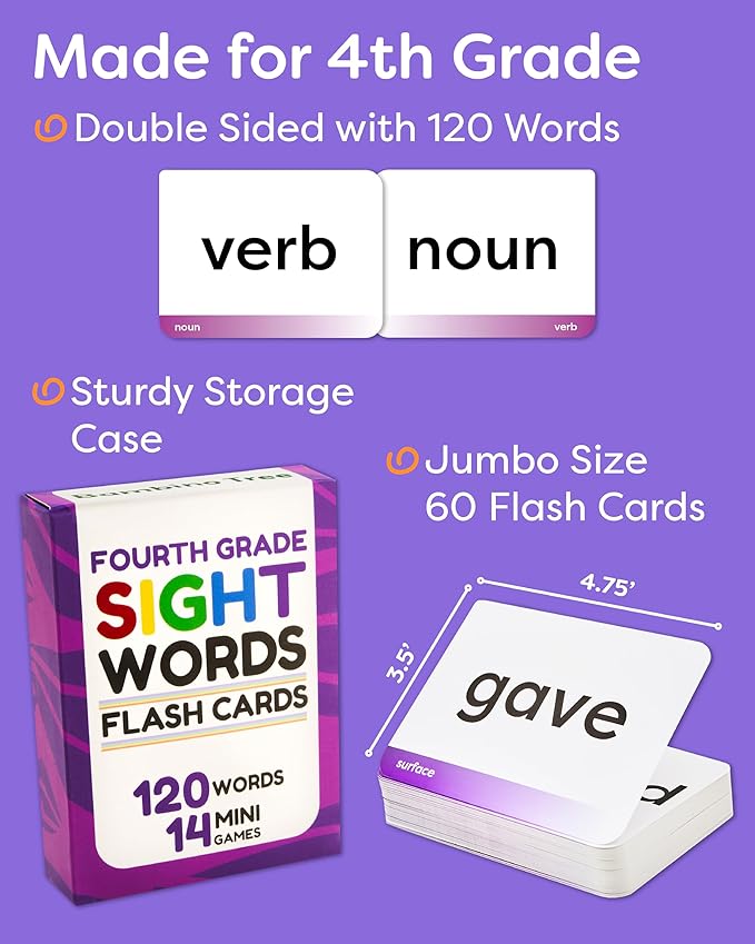 Sight Words Flash Cards 4th Grade - 120 High Frequency Words from Dolch's and Fry's Lists for 9-10 Years