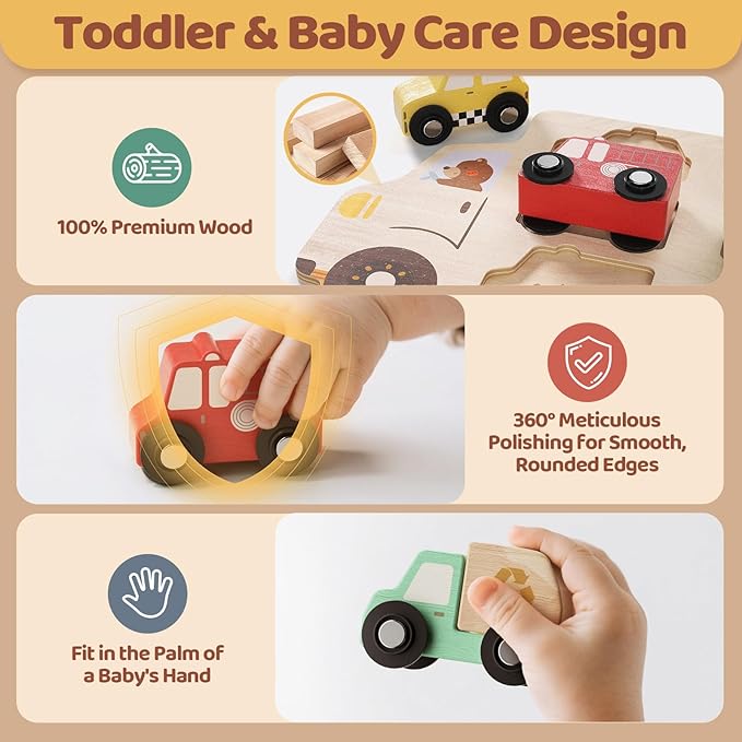Wooden Toddler Puzzles,Montessori Vehicle Puzzles for Toddlers,Montessori Toys for 1 2 3 Years Old Boys Girls Educational Toys with 6 Emergency and City Vehicles,Wooden Toy Cars for Toddler 1-3