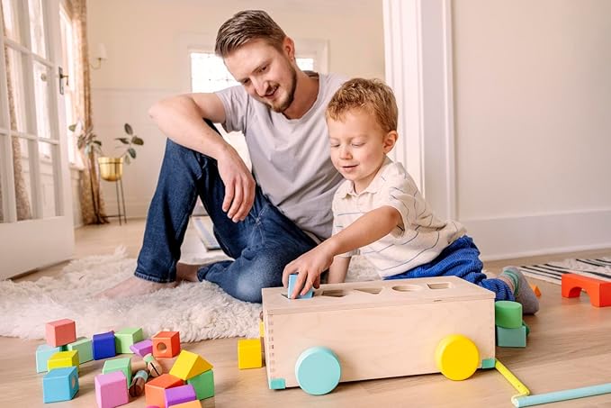 LOVEVERY | The Block Set | Solid Wood Building Blocks and Shapes + Wooden Storage Box, 70 Pieces, 18 Colors, 20+ Activities, Toddler Block Set and Converts into a Pull Car, Ages 12 to 48+ months