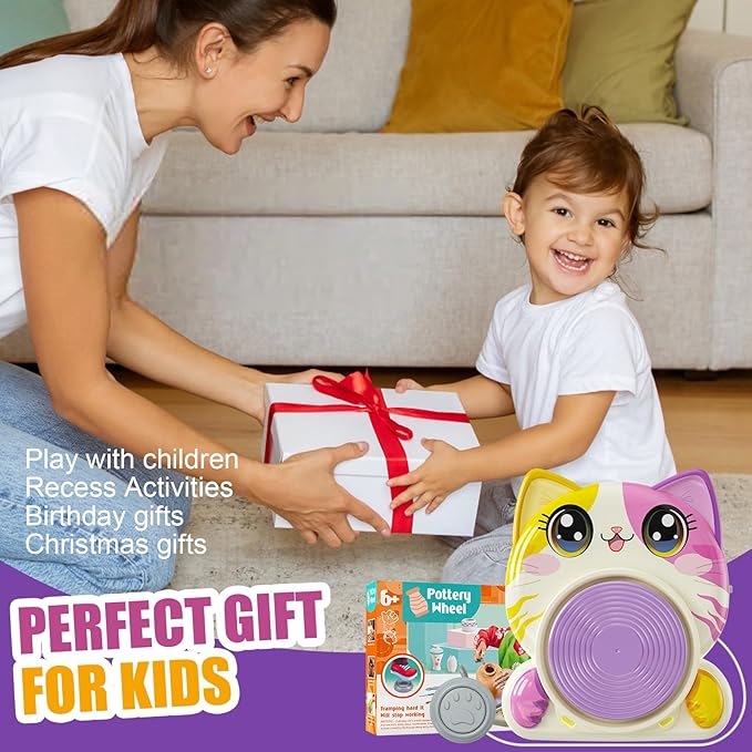 Roaxkois Pottery Wheel for Kids โ Complete DIY Arts & Crafts Painting Kit with Air Dry Clay, Paints, Tools, Apron & Stickers โ Creative Gift for Girls & Boys Ages 6 7 8 9 10 11 12+