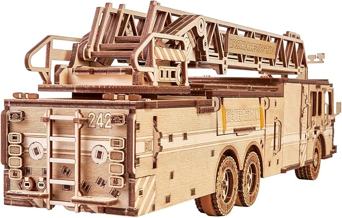 Wood Trick Rescue Firetruck Movable - Rotating Extendable Ladder - 3D Wooden Puzzles for Adults to Build - Rides up to 20 ft - Wooden Models Engineering DIY Project Mechanical Model Kit