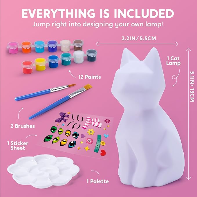 Klever Kits DIY Night Light- Paint Your Own Cat Lamp- Arts & Crafts Kit School Activities Art Supplies Toys Painting Kits, Birthday Gifts for Girls Boys Aged 6+