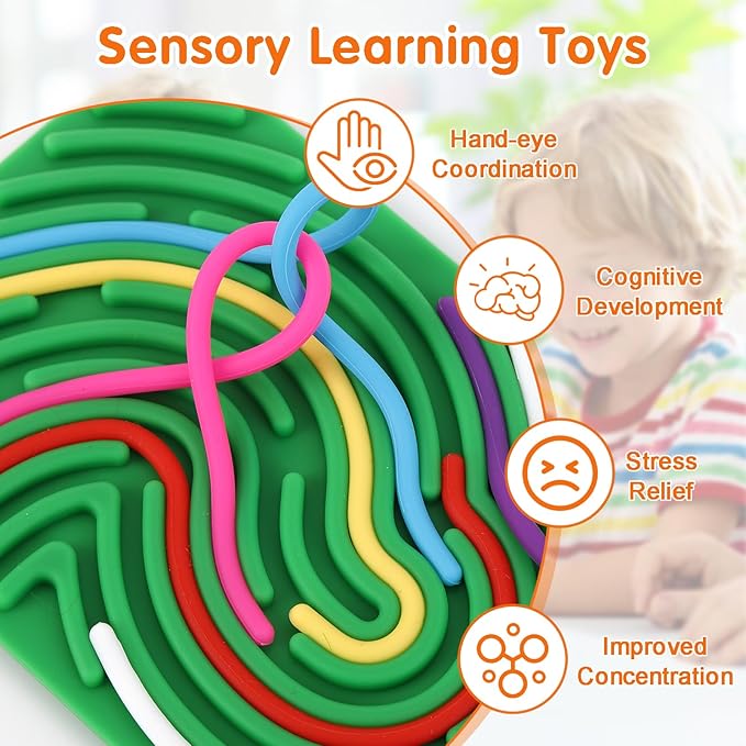 2pcs Sensory Activity Board, Double-Sided Silicone Fidget Toys for Kids 3+ & Adults, Sensory Toys for Anxiety, ADHD, Autism, Calming, Includes Travel Bag & 20 Strings, Yellow & Green
