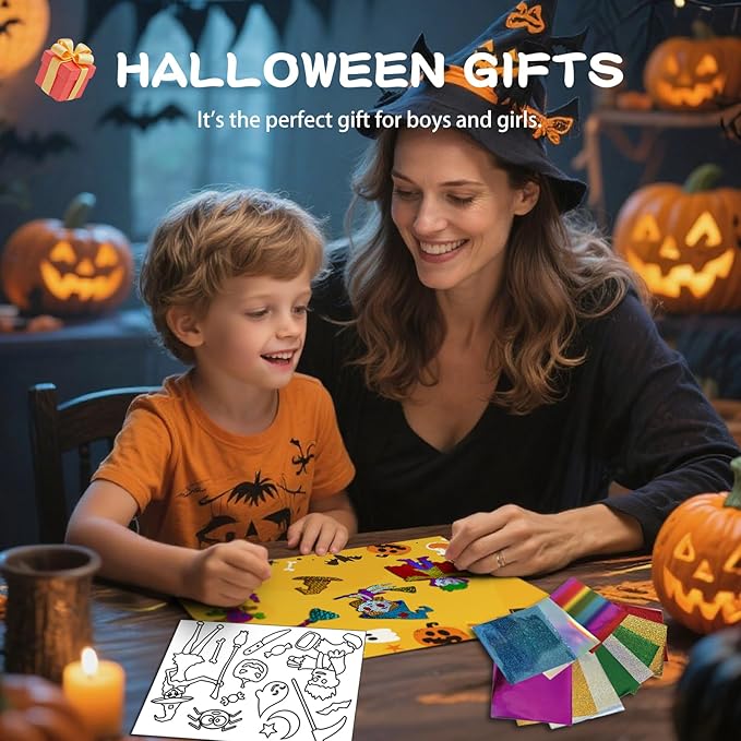 Halloween Foil Fun Crafts Kit for Kids - DIY Gifts Foil Art Mess Free Activity for Travel & Friends Party & Family Gatherings, Halloween Toys Gifts for Girls Boys Ages 4-13 (Witches Pumpkins)