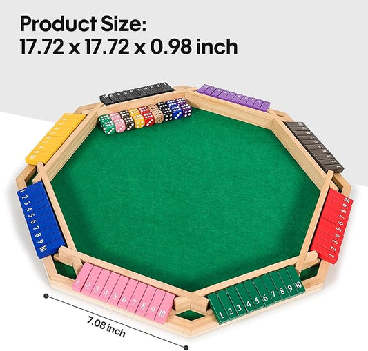 Vamslove Upgraded 2-8 Players Shut The Box Dice Game-Colorful 8-Way Wooden Board Table Math Game with 16 +6 Dices - Close The Box for Kids, Adults Families Party Club (Instruction Included)