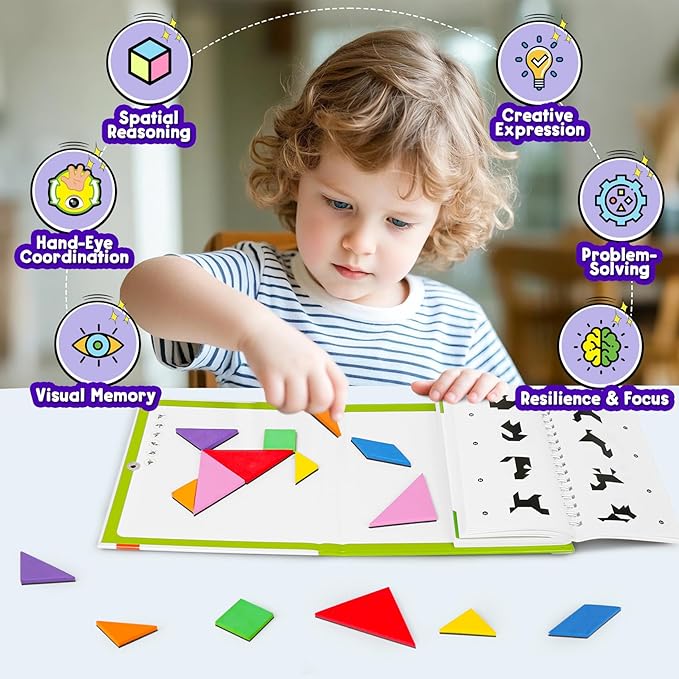Travel Tangram Puzzle with 2 Sets Magnetic Jigsaw Boards & 368 Patterns and Solutions, Montessori STEM Airplane & Road Trip Games, Educational Brain Teaser Toy Gift for Kids & Adults