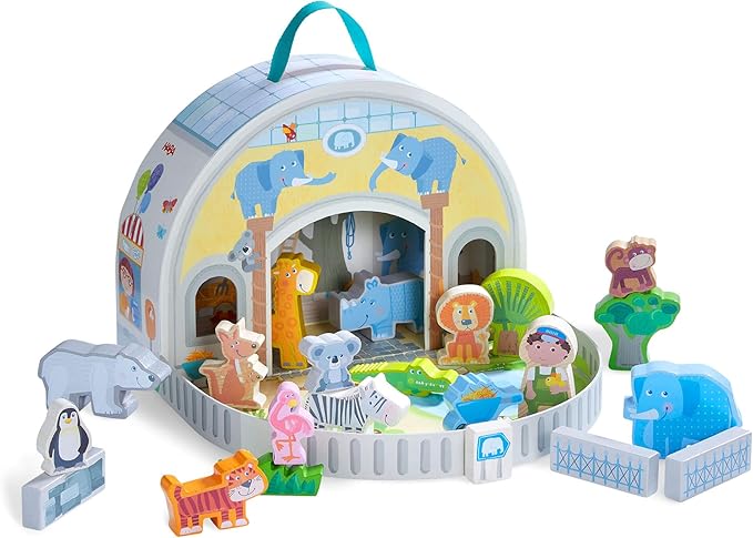 HABA Wooden Animal Playset - Play World at The Zoo, STEM Educational Toy with Zoo Animals & Accessories, Preschool Learning Toy for Ages 2+, Made in Germany
