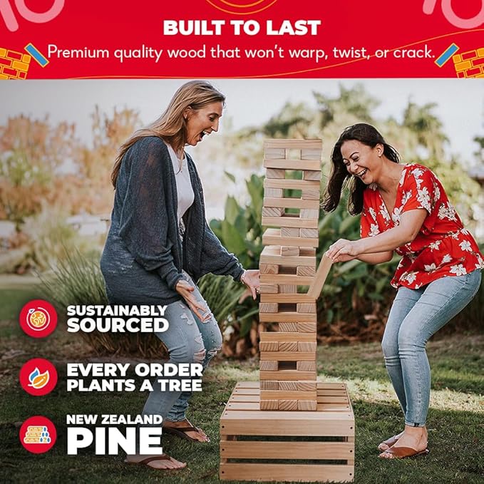 SWOOC Games - Premium Giant Tower Game | 60 Blocks + Storage Crate/Outdoor Table | Stacks up to 5ft | Jumbo Yard Games for Adults and Family | Giant Outdoor Set | Big Backyard Fun | Large Lawn Size