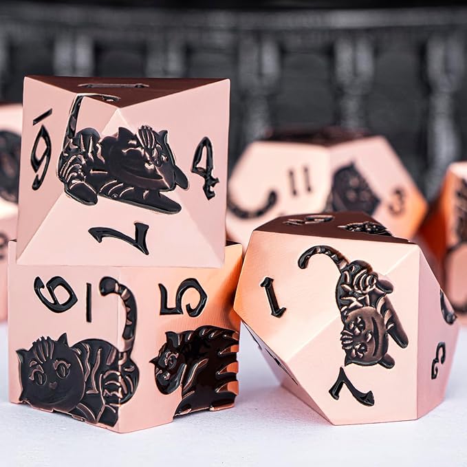 Metal DND Cat Dice 7PCS Polyhedral RPG Dice Set with Gift Case for Dungeons Dragons Role Playing Game, D and D Dice D6 D8 D10 D12 D20 D% (Copper Black)
