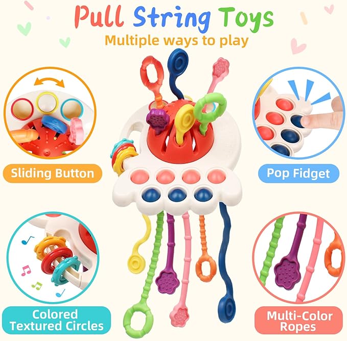 6 in 1 Baby Toys 0-6 Months, Montessori Toys for 6-12 Months, Infant Sensory Pull String Toy, Fidget Spinners Soft Buliding Blocks & Stacking Cups for Toddlers 1-3, Baby Gifts for Boys Girls