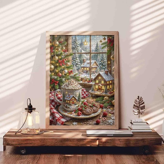 1000 Piece Jigsaw Puzzles for Adults Christmas Hot Chocolate Painting Jigsaw Puzzle 1000 Xmas Trees and Village Puzzles 20''x27”inch Winter Wonderland DIY Puzzle Art Wall Decor Family Challenging