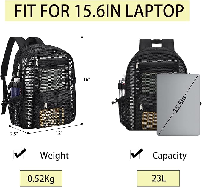Mesh Backpack Heavy Duty for School, 23L Mesh Bookbag for Adults, See Through Black Mesh School Bag with Laptop Pocket for Work Swimming Beach Fitness Sport