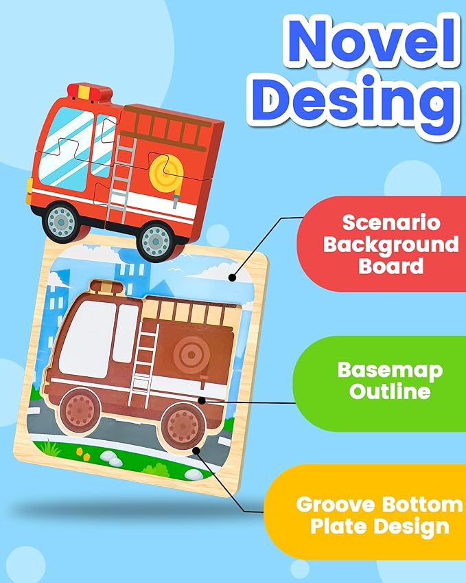 Benresive Wooden Toddler Puzzles, Montessori Toys for 1 2 3 Year Old Boys, Toys for 1 2 3 Year Old Boy Birthday Gifts, 6 Pack Vehicle Toddler Learning Educational Puzzles