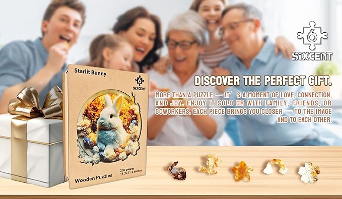 Wooden Jigsaw Puzzle, 200-500 Pieces Unique Shape Animal Puzzle, for Adults & Kids, Birthday Gift Family Game, Decorative Puzzle, Unique Gift (Starlit Bunny, 200 PCS)