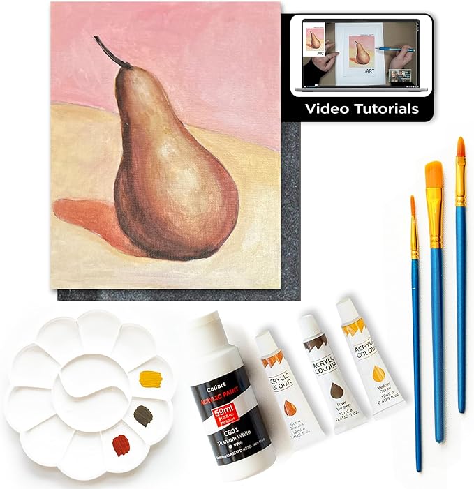 Painting4Real DIY Painting Kits for Adults and Kids with Video Tutorials: Learn How to Paint Golden Pear – Painting Set & Art Supplies Kit, Ideal for Modern Farmhouse Art – 9 Piece Acrylic Paint Set