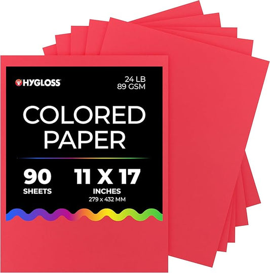 Hygloss Red Colored Paper - 24 lb, 89 GSM, Acid-Free, Fade-Resistant, 11x17-Inch Ledger Size Color Copy Paper, 90 Sheets