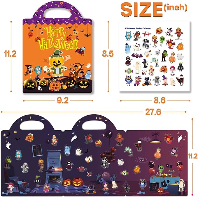 2 Set Halloween Reusable Sticker Books for Toddlers 3+, Halloween Stickers for Kids, Sticker Book for Toddlers 3+ Years, Halloweens Gifts for Kids Girls Boys