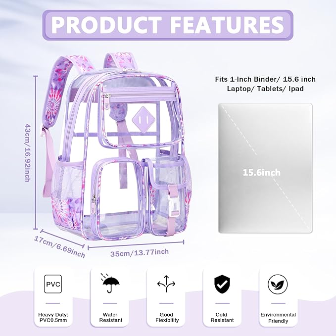Clear Backpack for School,Heavy Duty PVC Transparent Bookbag for Girls Stadium Approved See Through Backpack