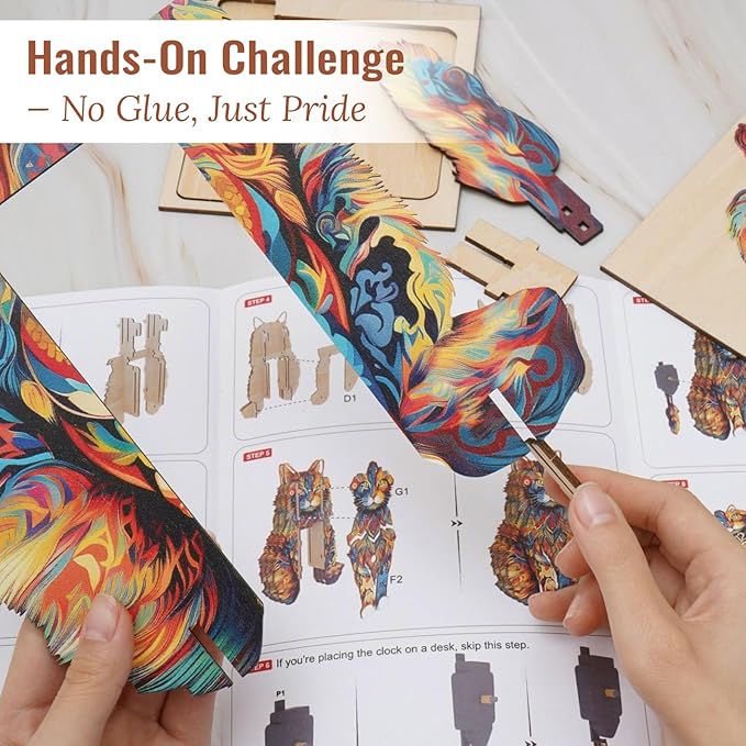 3D Puzzle for Adults - Wooden Cat Clock for Room Decoration, DIY Build Mechanical Wall Clock with Roman Numerals, Personalized Gift for DIY Lovers