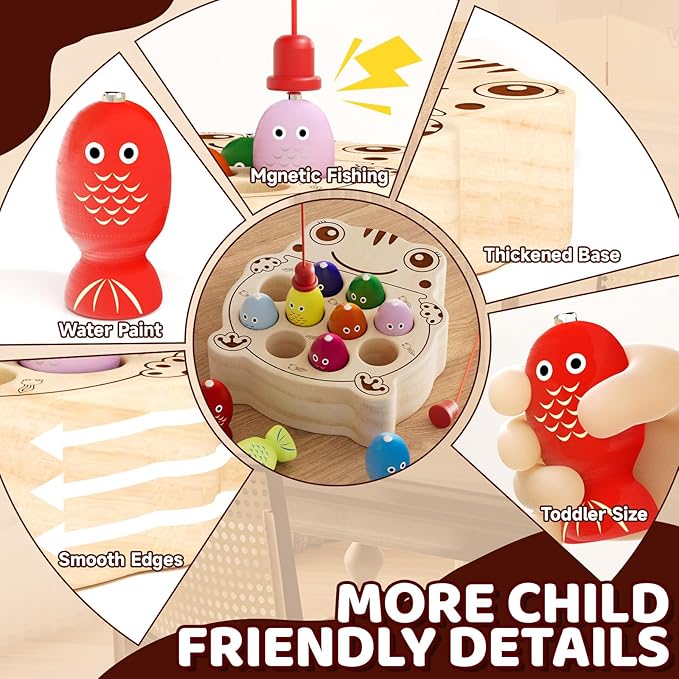 Wooden Magnetic Fishing Game for Toddlers 1-3, Montessori Sensory Busy Board Fine Motor Skills Toys for 1 2 3 Years Old Boys Girls (Frog B-Fish Game)