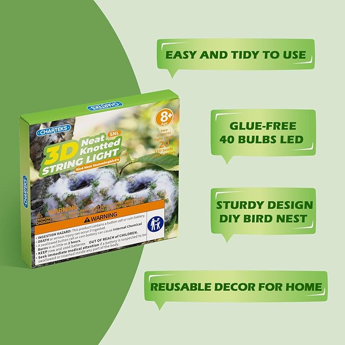 CHARTEKS DIY Bird Nest Craft Kit with 30 Twinkle LEDs and Simulated Eggs – Natural String Art Set for Home Décor, Kids STEM Toy, Creative Birthday Gift for Boys Girls Age 8+