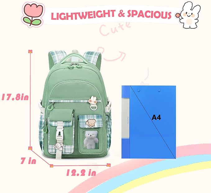 Girls Backpack,Cute School Backpack for Girls Kids Teens,Kawaii Bookbag for Primary Elementary,Green