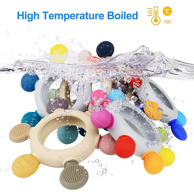 Baby Teething Toys Silicone Teethers BPA Free Silicone Rudder with Wooden Ring Soothe Babies Gums (Khaki)