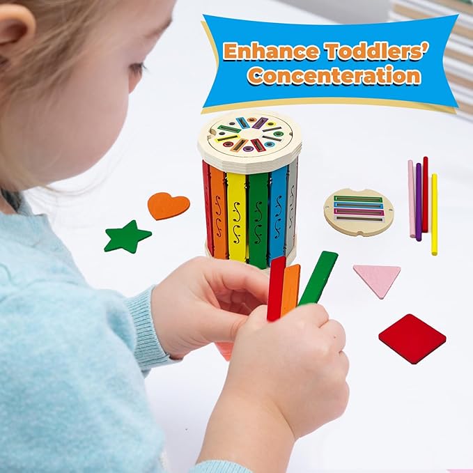 Wooden Montessori Baby Toddler Toys: Learning Fine Motor Skills Sensory Toys for Toddlers 3-5, Educational Color Sorting Preschool Learning Activities Boys Girls Gifts (Rainbow Bucket)