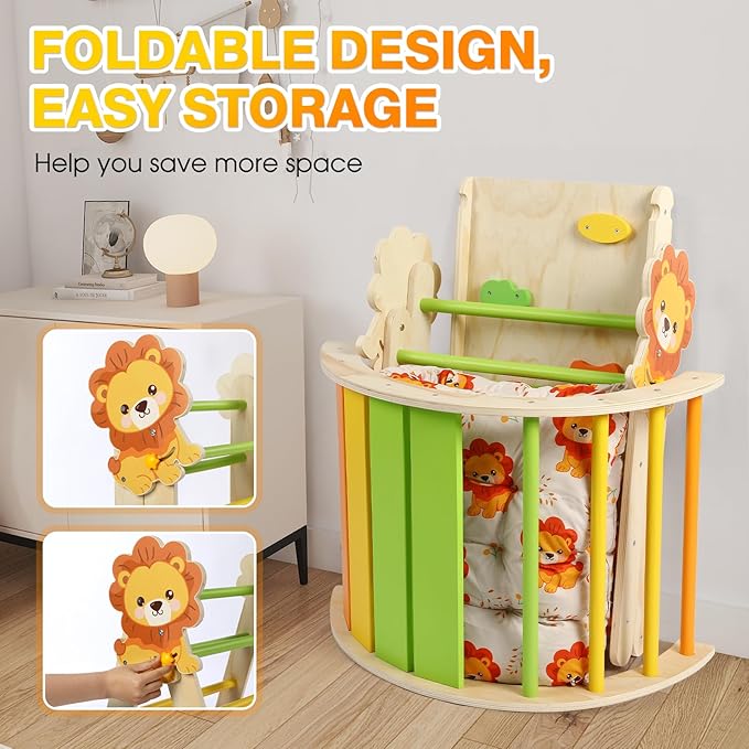 Pikler Triangle Set with Cushion, 7 in 1 Toddler Climbing Toys Indoor, Montessori Foldable Climbing Set, Wooden Climbing Toys for Toddlers 1-3 Inside with Ramp, Arch and Ladder (Lion)